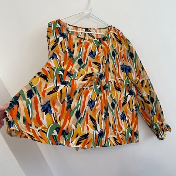 SHEIN CURVE Plus Size Abstract Flounce Sleeve Blouse Brushstroke Long Sleeve 4XL - Picture 9 of 13